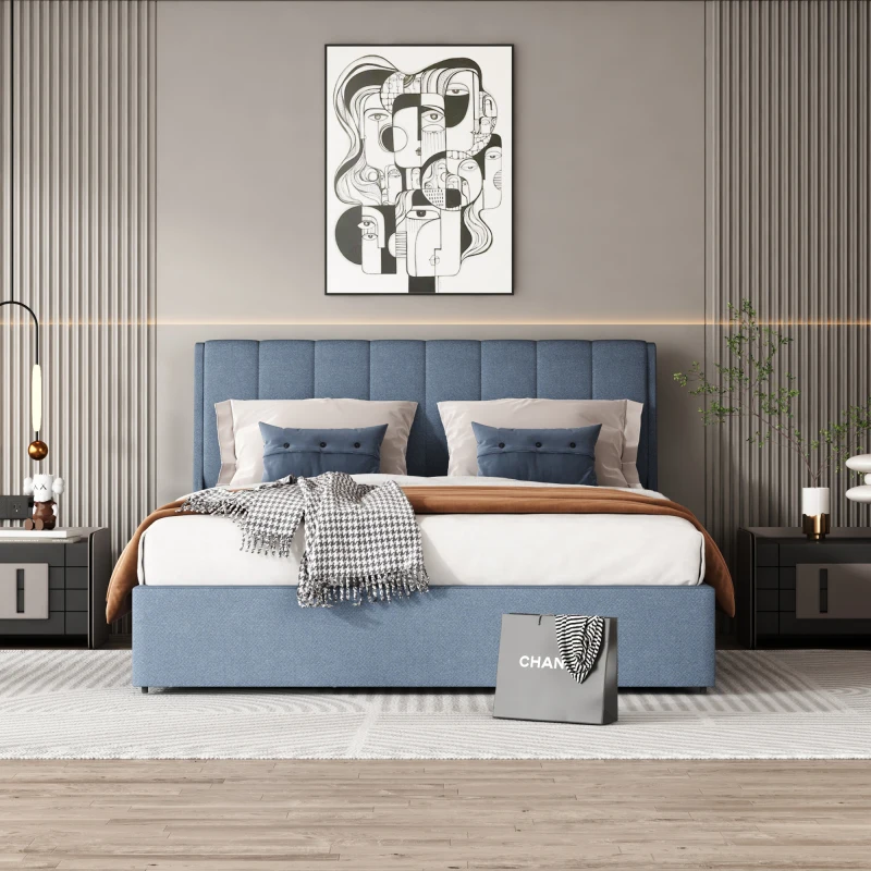 140x200 cm modern tasarım yastıklı platform yatak, çekmeceli çift kişilik yatak, yetişkin ve ergen yatağı, pratik depolama yatağı Görüntü 1