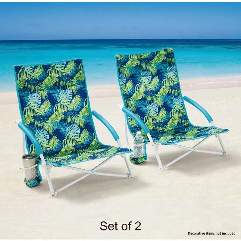 2-Pack Dayanakları Katlanır Düşük Koltuk Yumuşak Kol Plaj Çantası Sandalye Taşıma Çantası ile, Yeşil Palmiye Görüntü 1