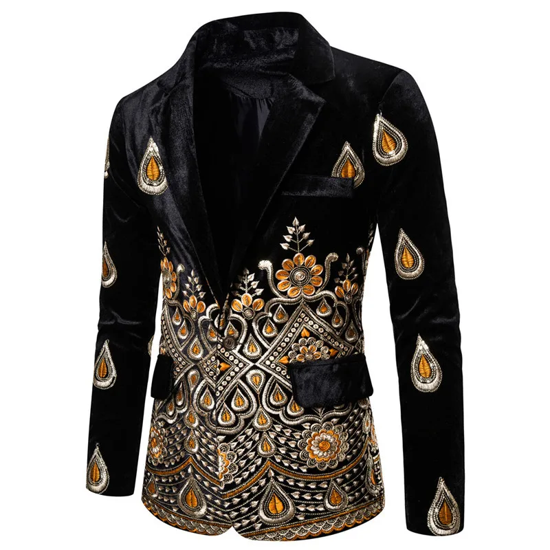 2023 Sonbahar / Kış Eğlence Kişilik Basit Kadife Bir Düğme erkek Altın İplik İşlemeli takım kıyafet Performans Elbise Görüntü 1