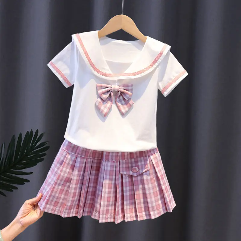 2023 Yaz Kore Seti Kız Yeni Takım Elbise 2 ADET Okul Prenses Resmi Moda Çocuk Mont Elbise Etek Uzun Gömlek Yay Pilili Elbise Görüntü 1