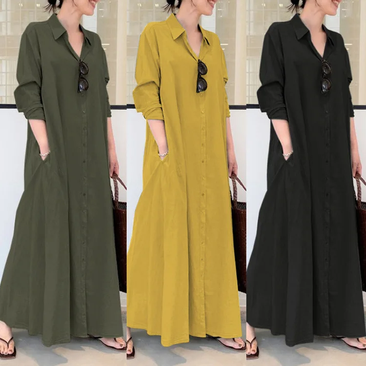 2023 yaz elbisesi Artı Boyutu 4XL 5XL Pamuk Keten Cep Maxi Elbise Kadınlar için Bluzlar Streetwear Gevşek Katı Uzun Elbiseler Vestido Görüntü 1