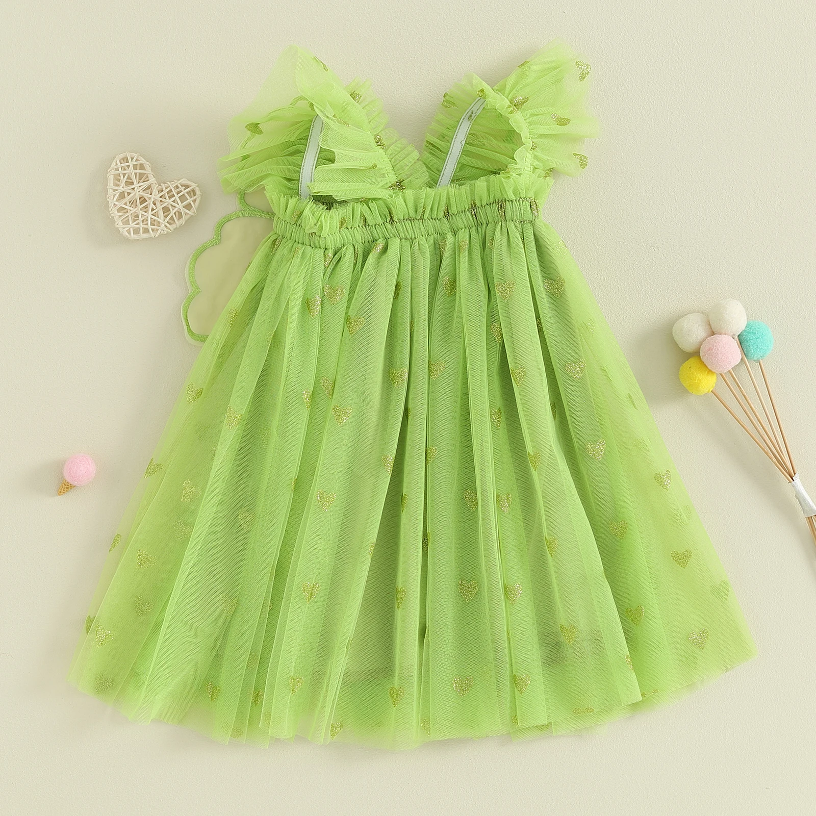 2024 0-4Y Bebek Kız Prenses Elbise Yaz Sevimli Sparkle Kalp Baskı Kolsuz Parti Tül Elbise Peri Kostüm Kanatlı Görüntü 1