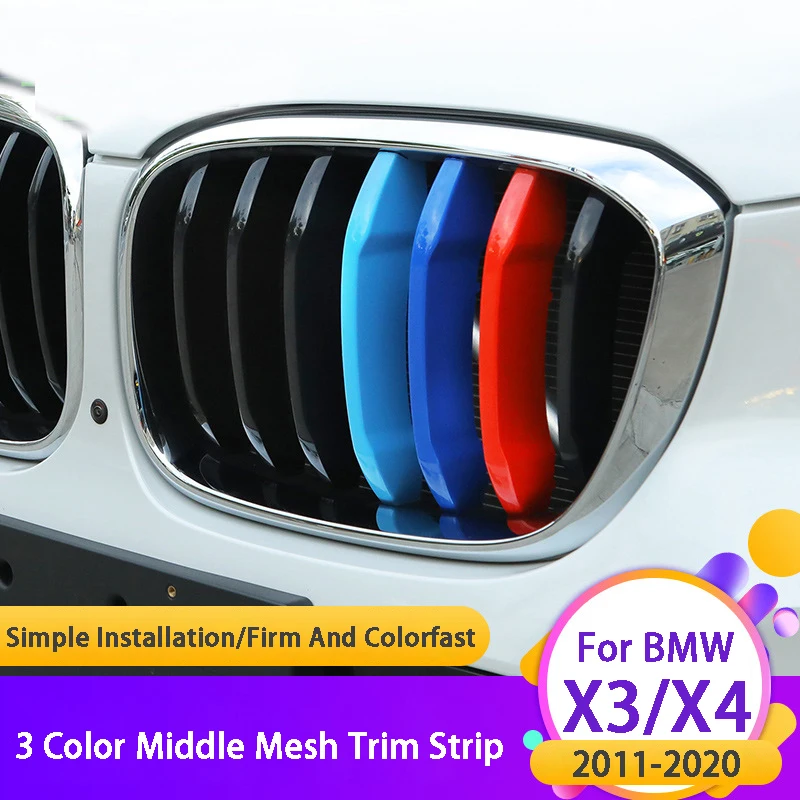 3 Adet Üç Renkli ABS Ön İzgara Trim Şerit Araba Ön Izgara kapak ağı dekorasyon çıkartmaları BMW X3 X4 F25 F26 G01 G02 2011-2020 Görüntü 1