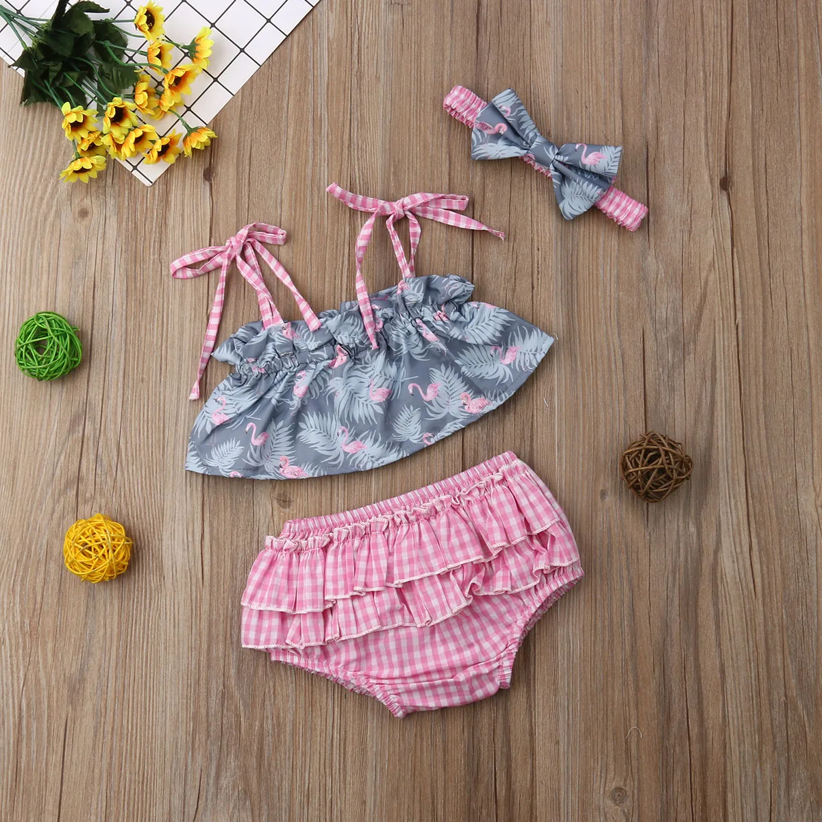 3 adet Yenidoğan Toddler Bebek Kız Mayo Bikini Setleri Flamingo Baskı Mayo Tankini Toddler Beachwear Bebek Kız Giysileri 0-24M Görüntü 1
