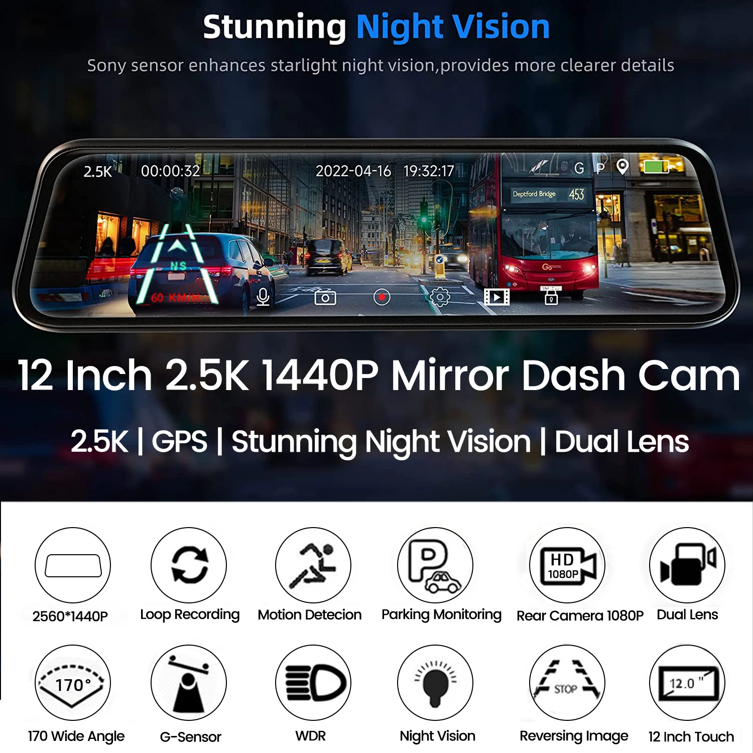 ACCEO A38Plus 12 İnç Araba Ayna Kamera Dokunmatik Ekran Video Kaydedici Dash kamera Arabalar İçin araba dvr'ı Dikiz Kamera İle araba kara kutusu Görüntü 1