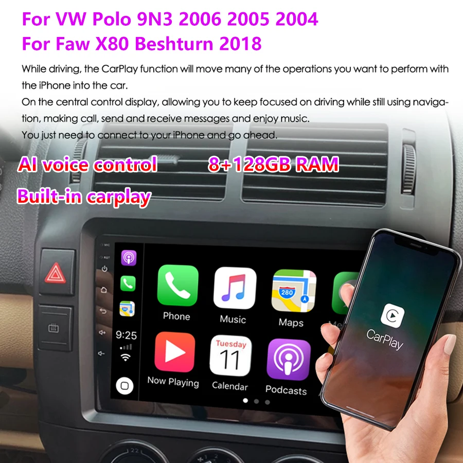 Autoradio Dahili Carplay AI Ses Kontrolü Araba Radyo VW Polo İçin 9N3 2006 2005 2004 Araba Multimedya Video Oynatıcı Stereo Kafa Ünitesi Görüntü 1