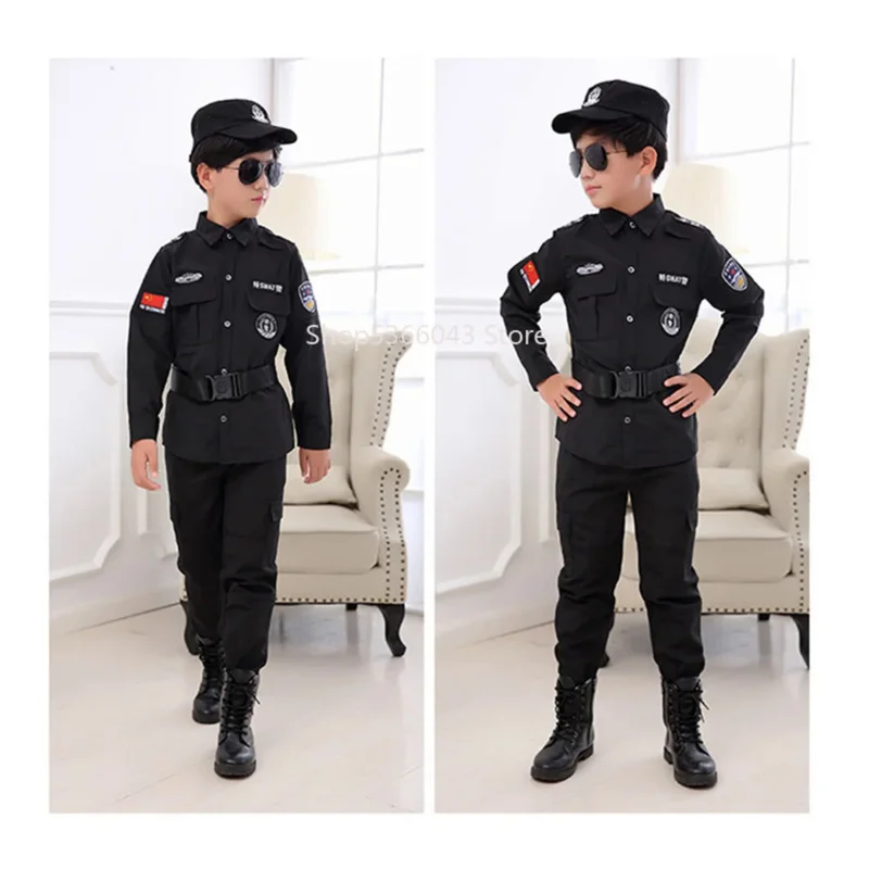 Cadılar bayramı Çocuk Polis Cosplay Kostüm Erkek Kız Çocuk Polis Üniforma Ordu Polis giyim setleri Parti Elbise Hediye Görüntü 1