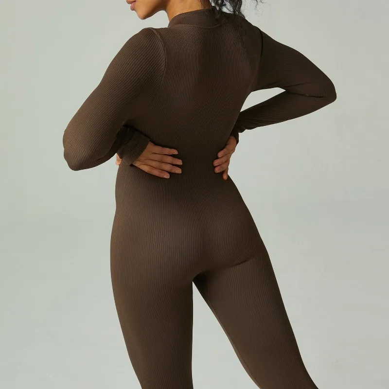 Dikişsiz Fermuar Uzun Kollu Pantolon Entegre Yoga Seti Dar Koşu Çabuk Kuruyan Egzersiz ve Fitness Takım Elbise Görüntü 1