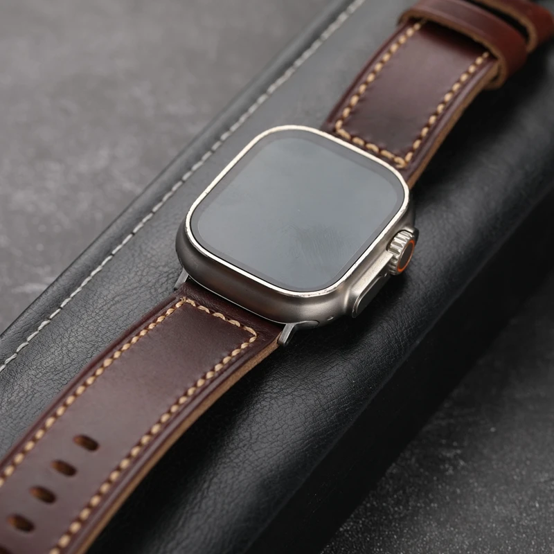El yapımı Kafa Katman Dana Deri Kordonlu Saat İçin Uygun İwatch Apple Watch 8 ultra 49mm 45 44 Kahverengi Kalınlaşmış Erkekler Kordonlu Saat Görüntü 1