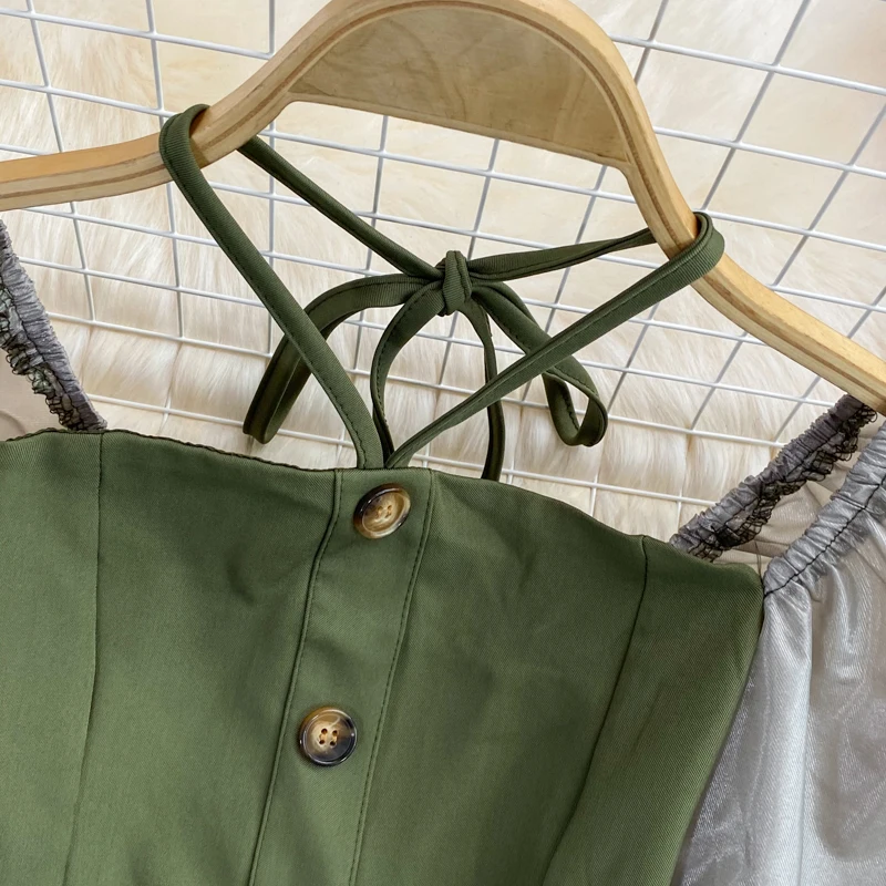 Fransız Zarif Bluzlar Halter Kare Yaka Puf Kollu Düz Renk Kırpma Üstleri Gömlek İlkbahar Yaz Kadın İnce kadın Giyim Görüntü 1