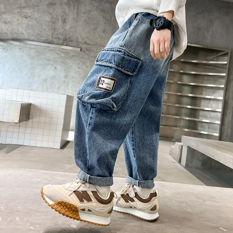 Ilkbahar Sonbahar Çocuklar Rahat Kargo Pantolon Büyük Erkek Çocuk Moda Vintage Pantolon Pamuk Sweatpants Genç Erkek Kot 14 İla 5Yrs Görüntü 1