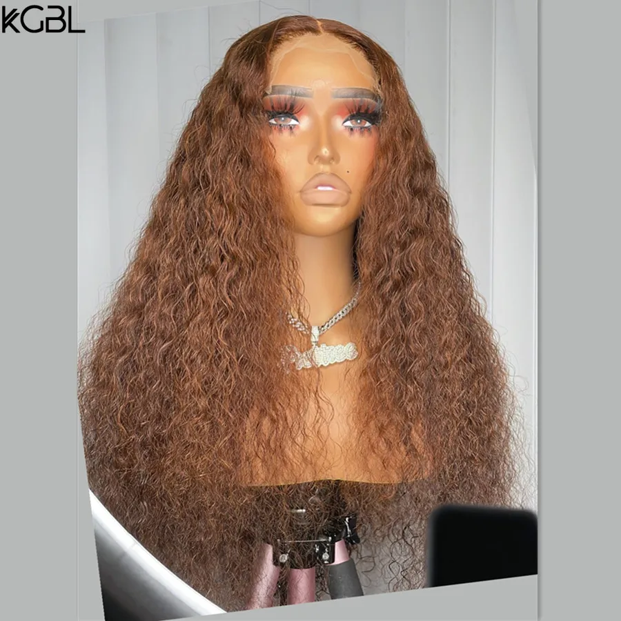 KGBL Vurgulamak Kahverengi Ombre Renkli 13x4 HD Dantel Ön İnsan Saç Peruk Kıvırcık Remy Saç Dantel Peruk 180 % Yoğunluk Görüntü 1