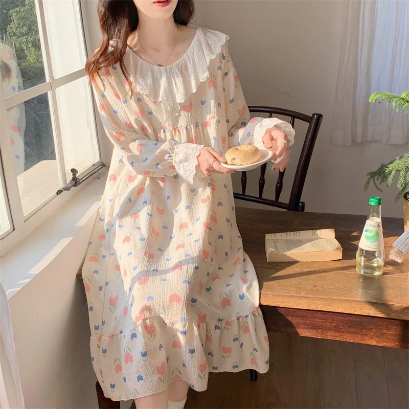 Kadın İlkbahar Yaz Gecelik Çiçek Baskı Kore Tarzı Bayanlar Gecelik Uzun Kollu Dantel Tatlı İç Çamaşırı Vestido Mujer Görüntü 1