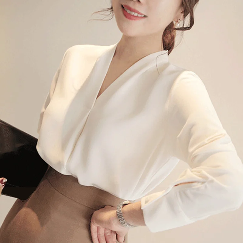 Klasik Kariyer OL Tarzı Üst Ofis Bayan İlkbahar Yaz Uzun Kollu Kore V Yaka İş Bluz Kadınlar Beyaz Gevşek Kazak Gömlek Görüntü 1