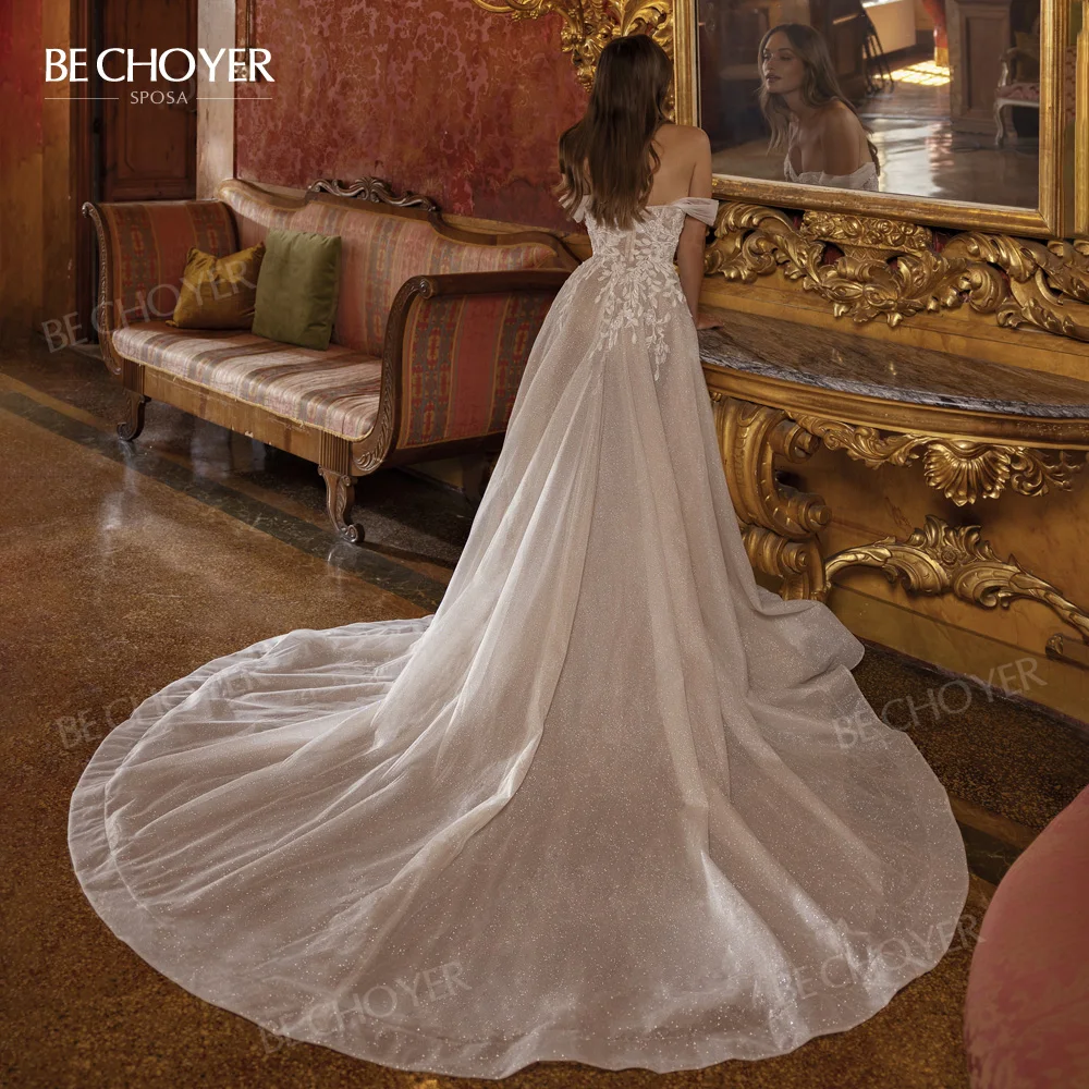Kolsuz düğün elbisesi Kapalı Omuz A-Line Plaj Aplikler Gelin Kıyafeti 2024 Prenses BECHOYER R176 Artı Boyutu Vestido de Noiva Görüntü 1