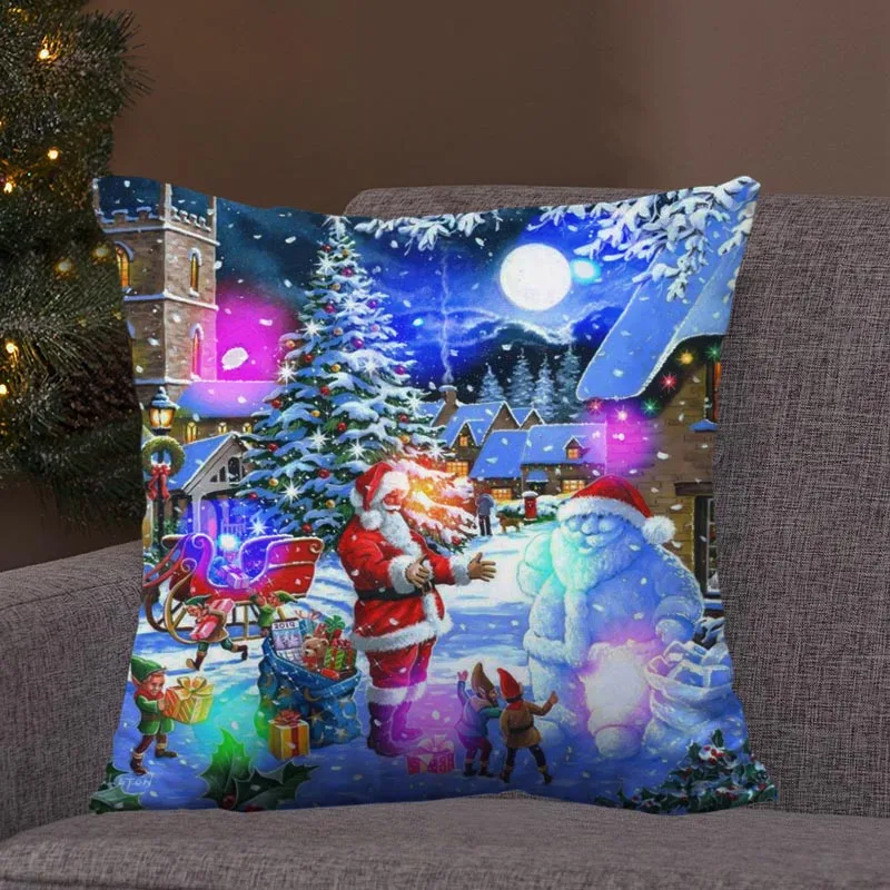 LED Retro Noel baba noel ışıkları 2024 yastık kılıfı ev oturma odası kanepe dekorasyon kare Polyester  Görüntü 1