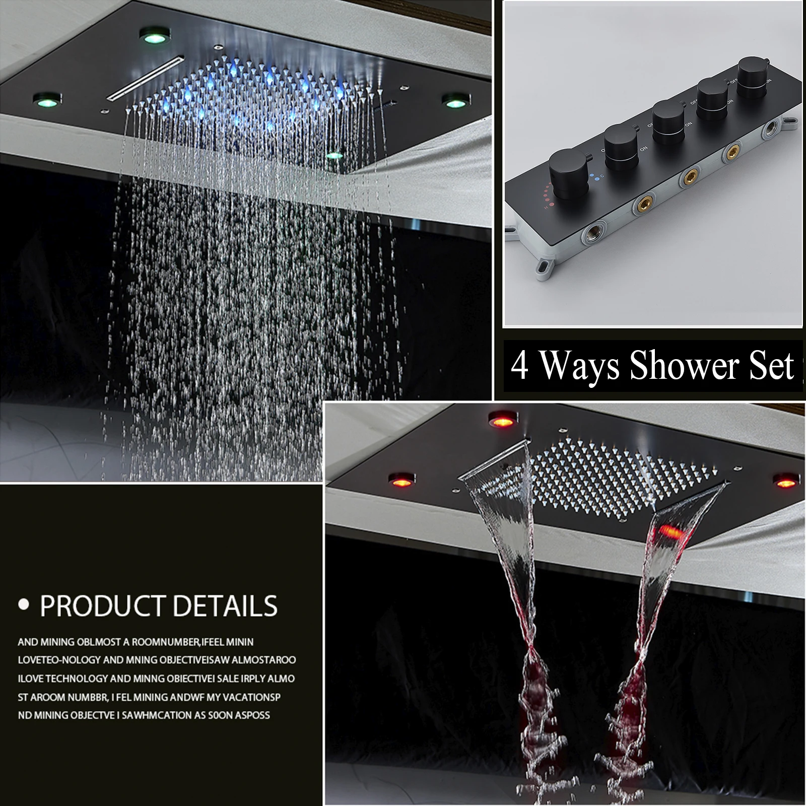 Lüks Siyah LED Sabit Sıcaklık Duş Musluk Renk Değişimi Yağmur Şelale Duş Sistemi 4/3 Yollu Duş Tavan Sistemi Musluk Görüntü 1