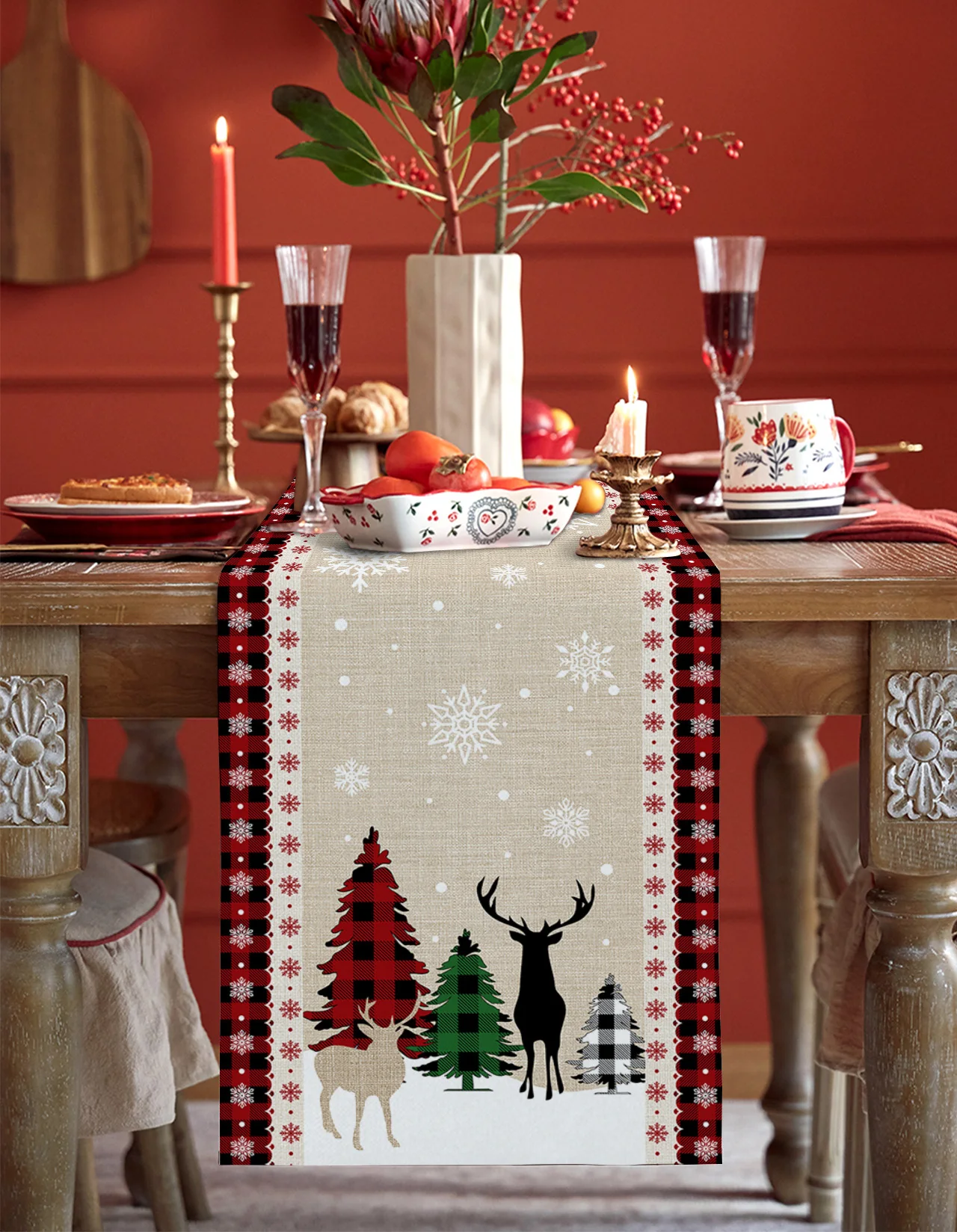 Noel Kar Tanesi Elk Masa Koşucu düğün yemeği Masa Dekorasyon Masa Koşucu Noel yemek masası Masa Örtüsü Görüntü 1