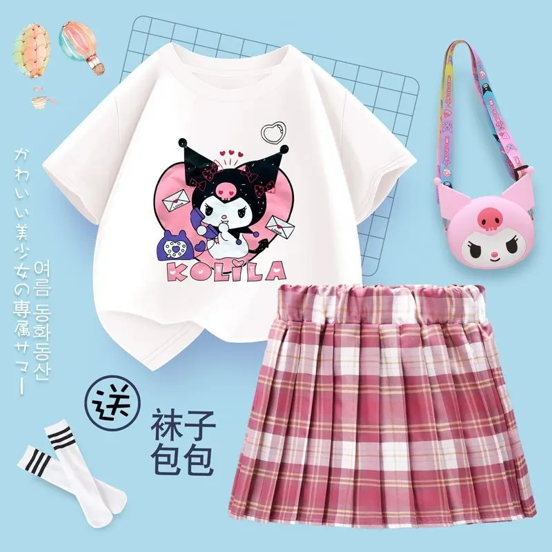 Sanrio hello kitty Kısa Kollu Etek Takım Elbise kuromi Yaz Yeni çocuk T-Shirt Pilili Etek kız JK Üniforma Y2K elbise bozuk para cüzdanı Görüntü 1