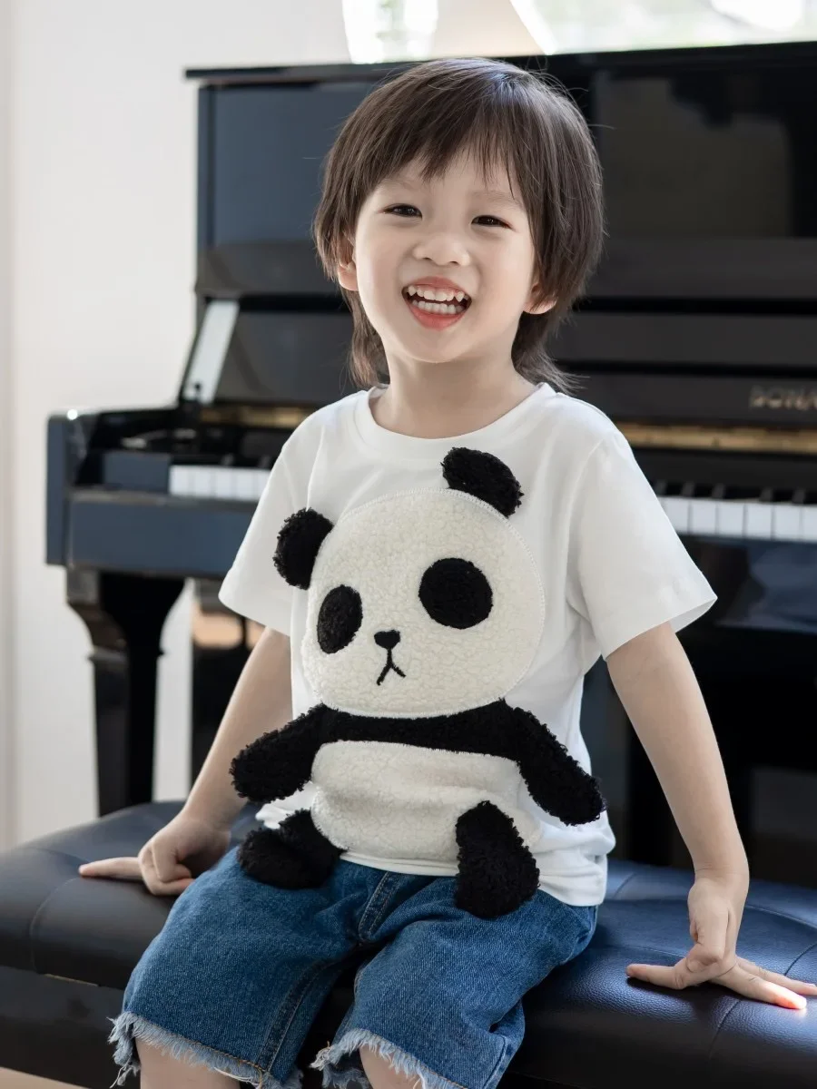 Sevimli karikatür 3D Küçük Panda kısa kollu t-shirt çocuk Erkek ve Kız Bebek Üst Yaz Görüntü 1