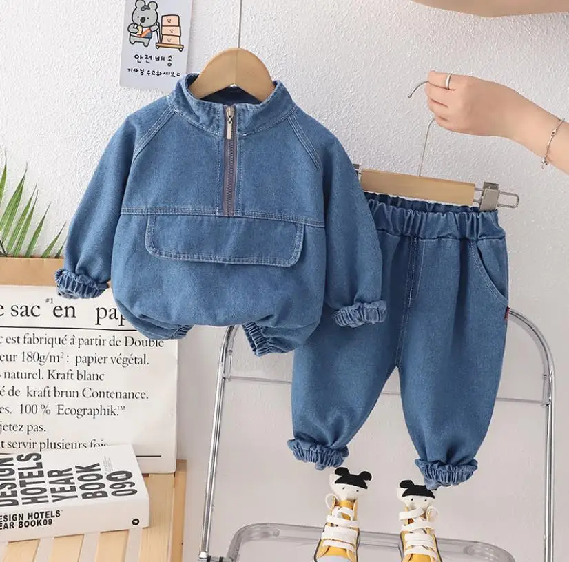 Tasarımcı Çocuk Bebek Giyim Takım Elbise Bahar Sonbahar Denim İki Parçalı Set Fermuarlı Cebi Rahat Hoodies ve Pantolon Yürümeye Başlayan Kıyafetler Görüntü 1