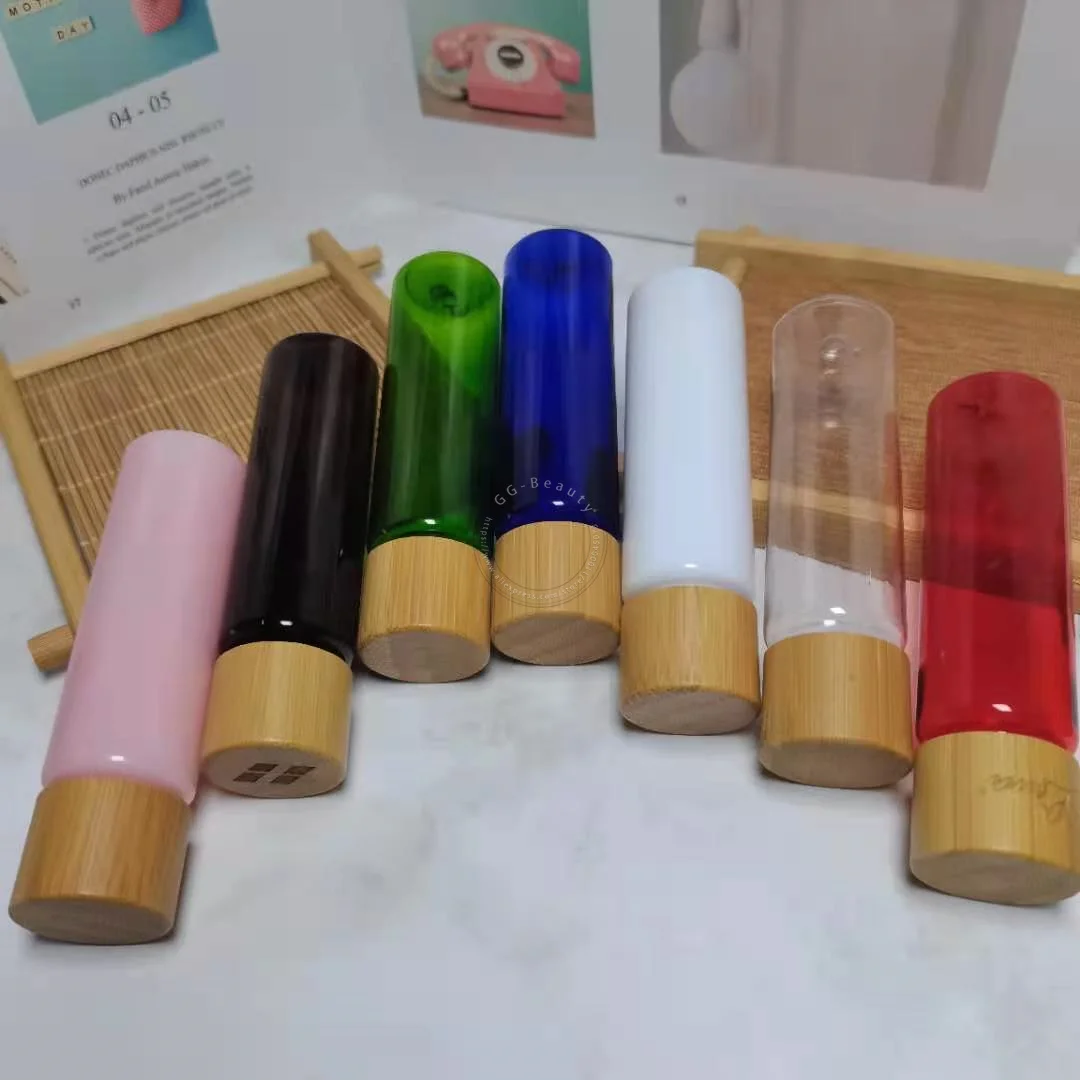 Toptan Doldurulabilir 30 ml Renkli Yuvarlak Plastik Şişeler Bambu Disk Üst Vidalı Kapaklı Parfüm Sprey Atomizer Boş Tüpler 1 OZ Görüntü 1