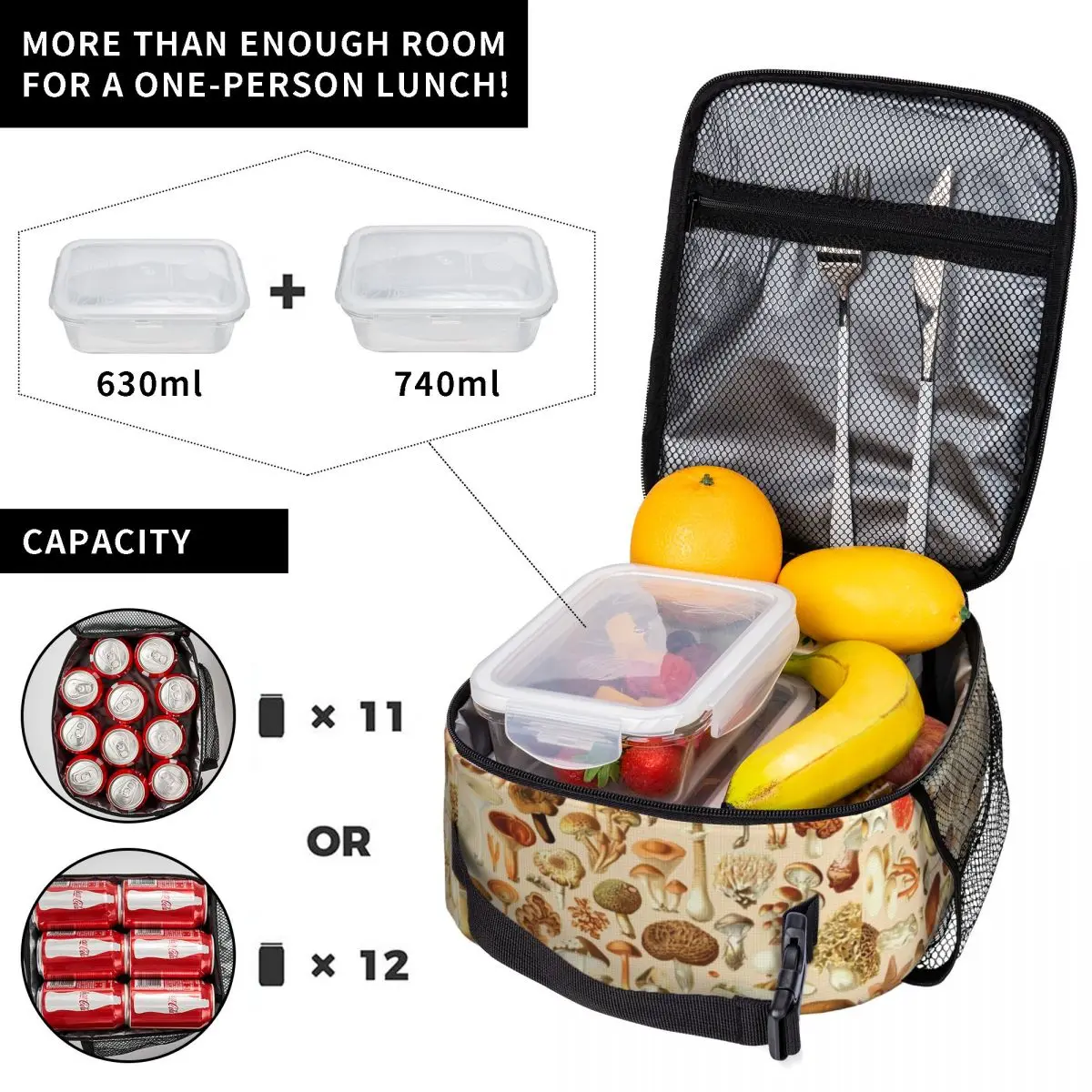 Vintage Mantar Tasarımları Koleksiyonu Yalıtımlı Öğle Yemeği Çantaları Termal soğutucu çanta Termal yemek kabı yemek taşıma çantası Kadın Çocuklar için Çalışmak Görüntü 1