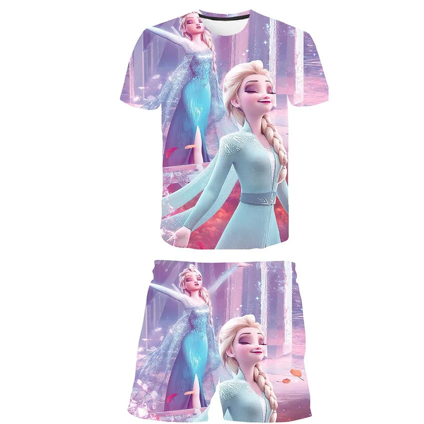 Yaz Dondurulmuş 2 Kız Karikatür T Shirt + şort takımı Giysileri Çocuklar Sevimli Elsa Prenses 2 adet Çocuk Karikatür Rahat Kostüm Kıyafetler Görüntü 1