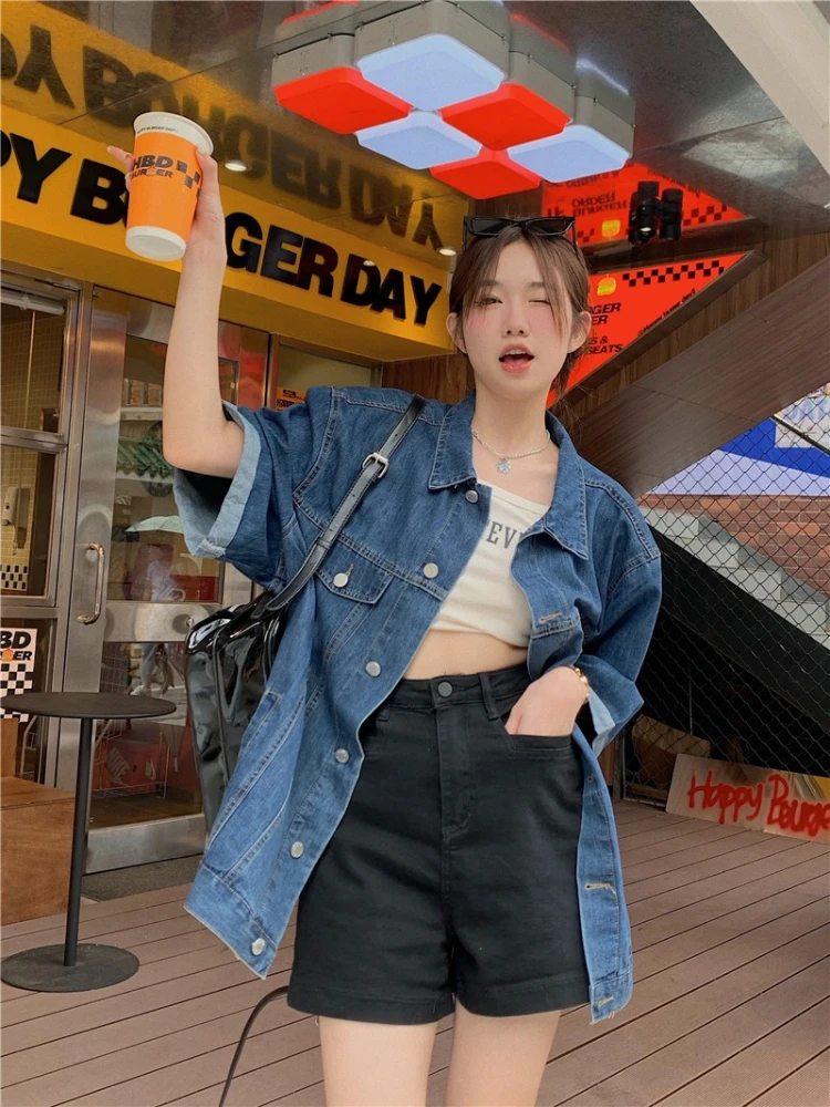 Yaz Kısa Kollu Kot Ceket Kadın 2022 Yaz Yeni Kore Retro Gevşek Tüm Maç Üst Büyük Boy Kot Ceket Kore Moda Görüntü 1