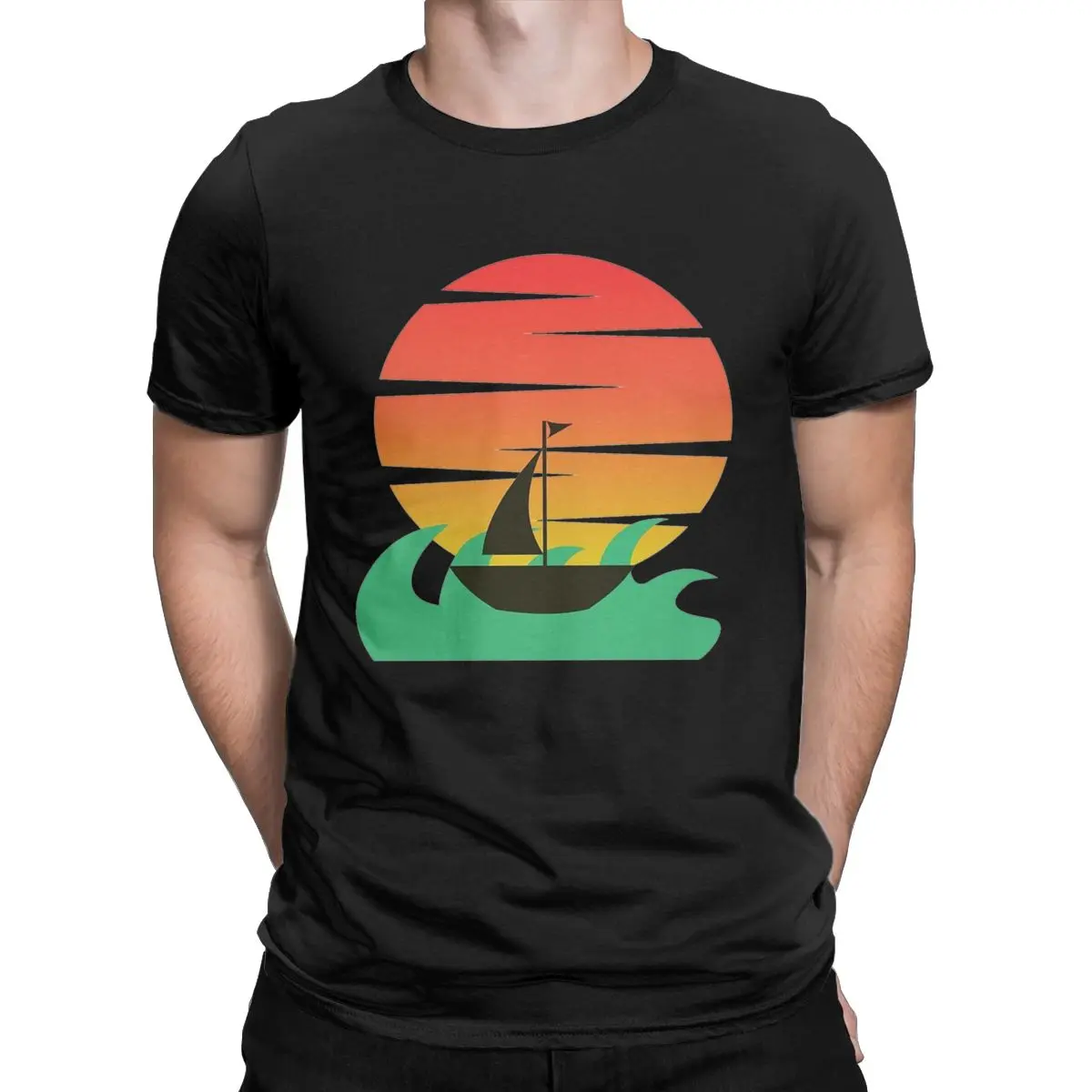 Yelken Içine Günbatımı Erkekler T Shirt vintage yelkenli tekne Çılgın Tees Kısa Kollu Ekip Boyun T-Shirt Saf Pamuk Hediye Fikri Giysi Görüntü 1