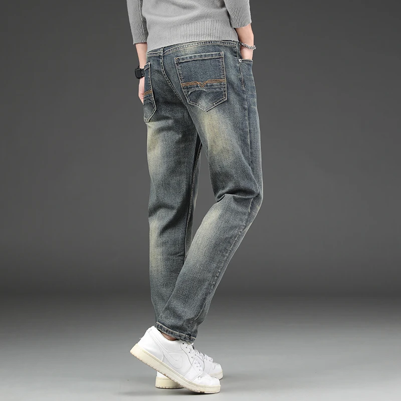 Yeni High-End Retro Kot erkekler için Düzenli Fitl Düz Bacak kot pantolon Elastik Trend Moda Eski Artı Boyutu Görüntü 1