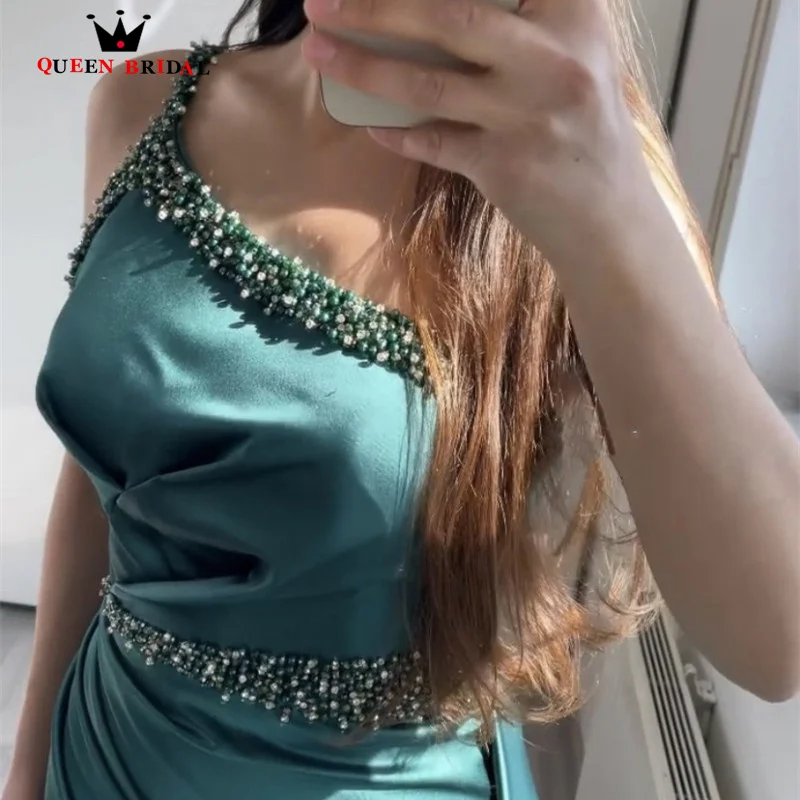 Yeşil Akşam Elbise Düğün Parti için Saten Uzun Boncuklu Mermaid Elbise İnciler Bir Omuz Pleats Zarif Balo Abiye UI07 Görüntü 1