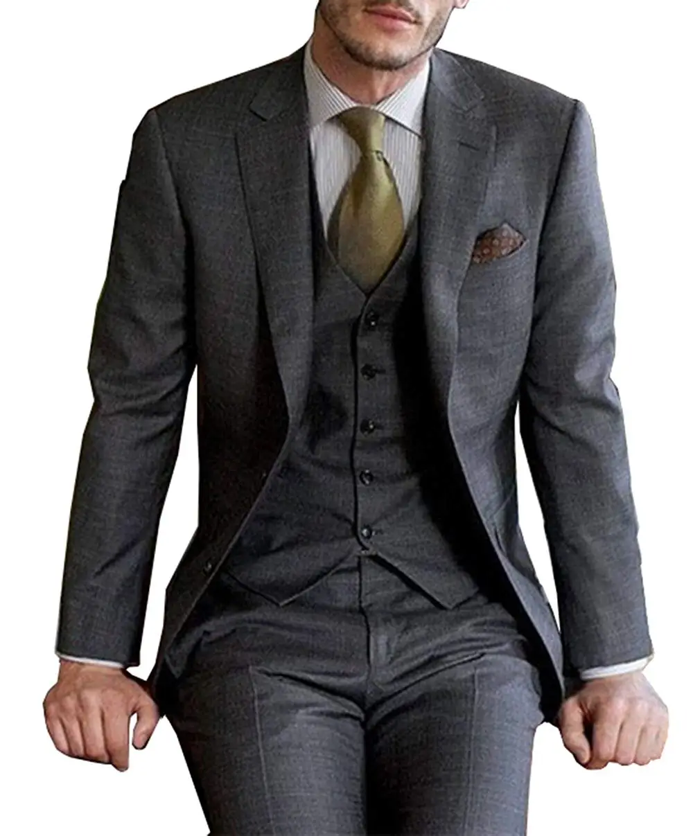 Yüksek Kaliteli Koyu Gri erkek Takım Elbise Resmi 3 Parça takım elbise Setleri Şal Yaka İki Düğme Blazer Pantolon (ceket + pantolon + yelek) Görüntü 1