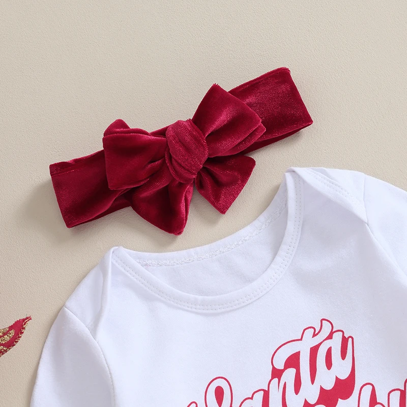 Yürümeye başlayan çocuk giysileri Kız Noel Kıyafetleri Mektup Baskı Uzun Kollu Tulum Flare Pantolon Kafa Bandı 3 Adet Set Bebek Giyim Görüntü 1