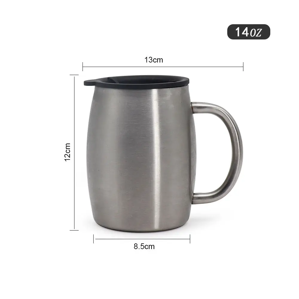 kapaklı ve saplı 14 oz ofis paslanmaz çelik kahve çay bardağı metal kupa Görüntü 1