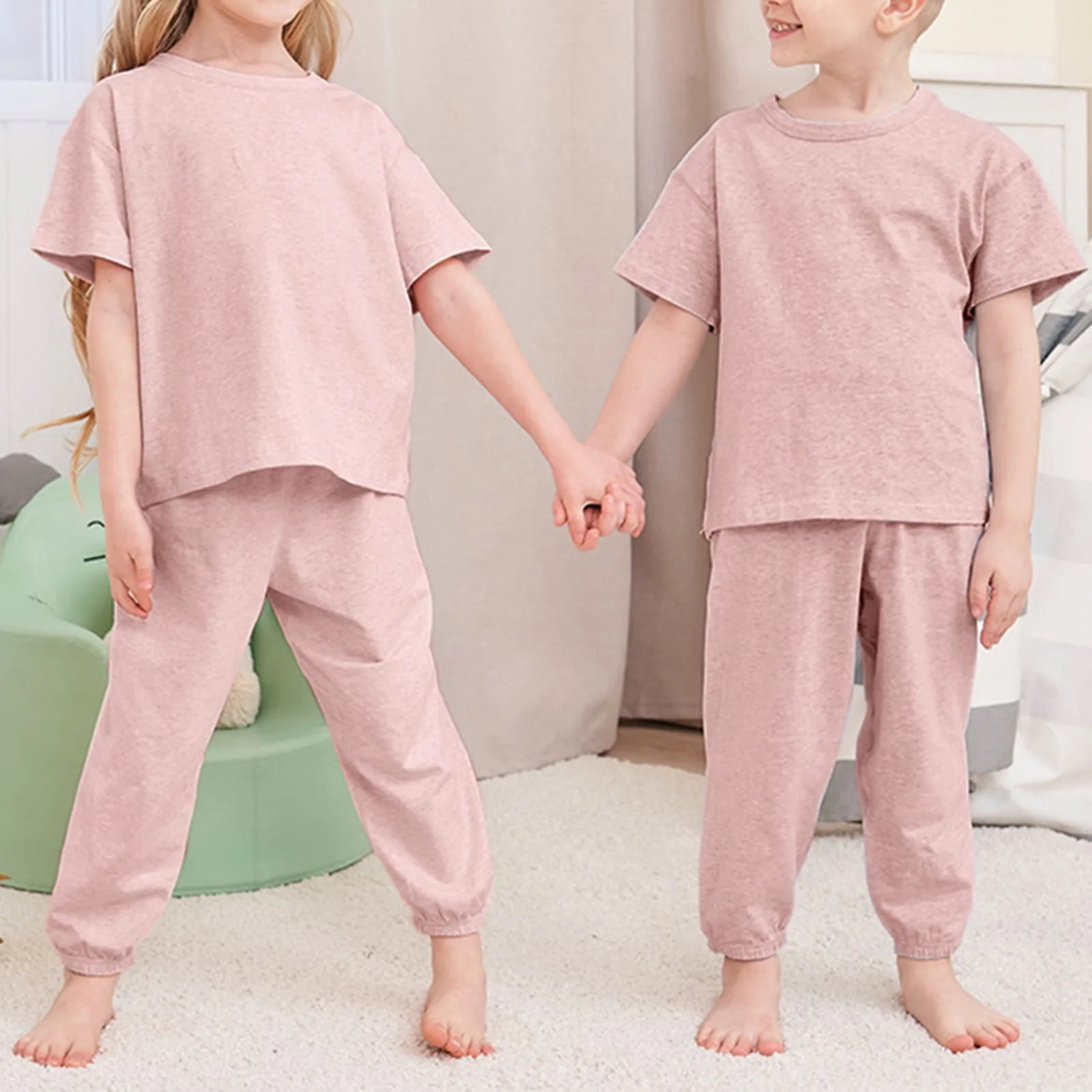 Çocuk Düz Renk Kısa Kollu Tişört + Pantolon Yaz Günlük Rahat Ev Giysileri Bobin Kız Bir Yıldız Doğdu Kıyafet Görüntü 1