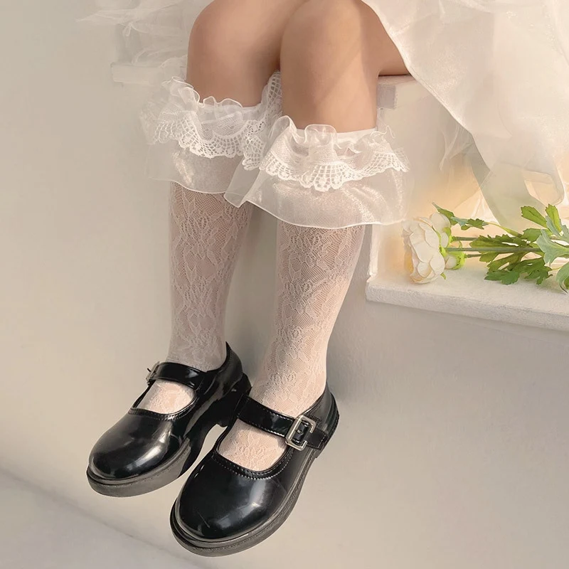 Çocuk Kawaii Bahar Yaz Kızlar İlmek Diz üstü çorap Sevimli Fırfır Dantel Prenses Elbise Tayt Çorap Çocuklar İçin Görüntü 1