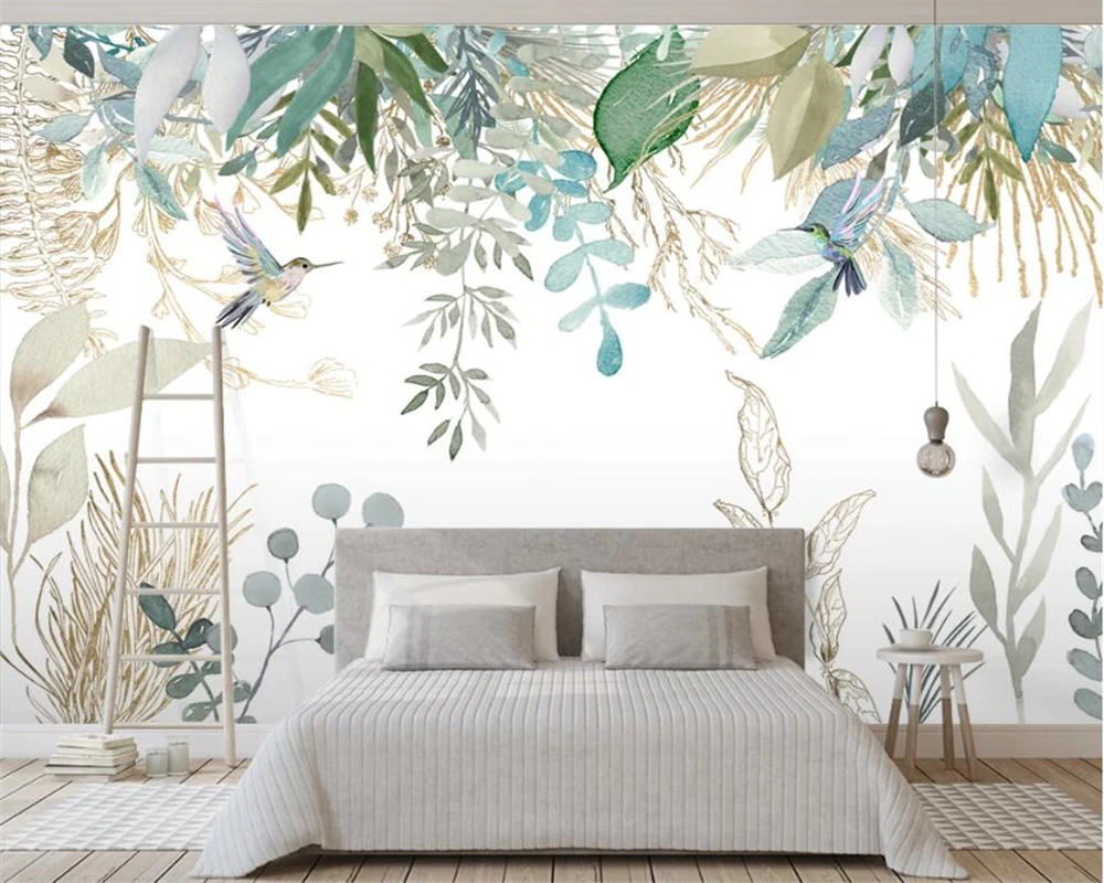 Özel duvar kağıdı İskandinav el-boyalı küçük taze tropikal bitkiler çiçekler ve kuşlar TV kanepe arka plan 3d duvar kağıdı Görüntü 1