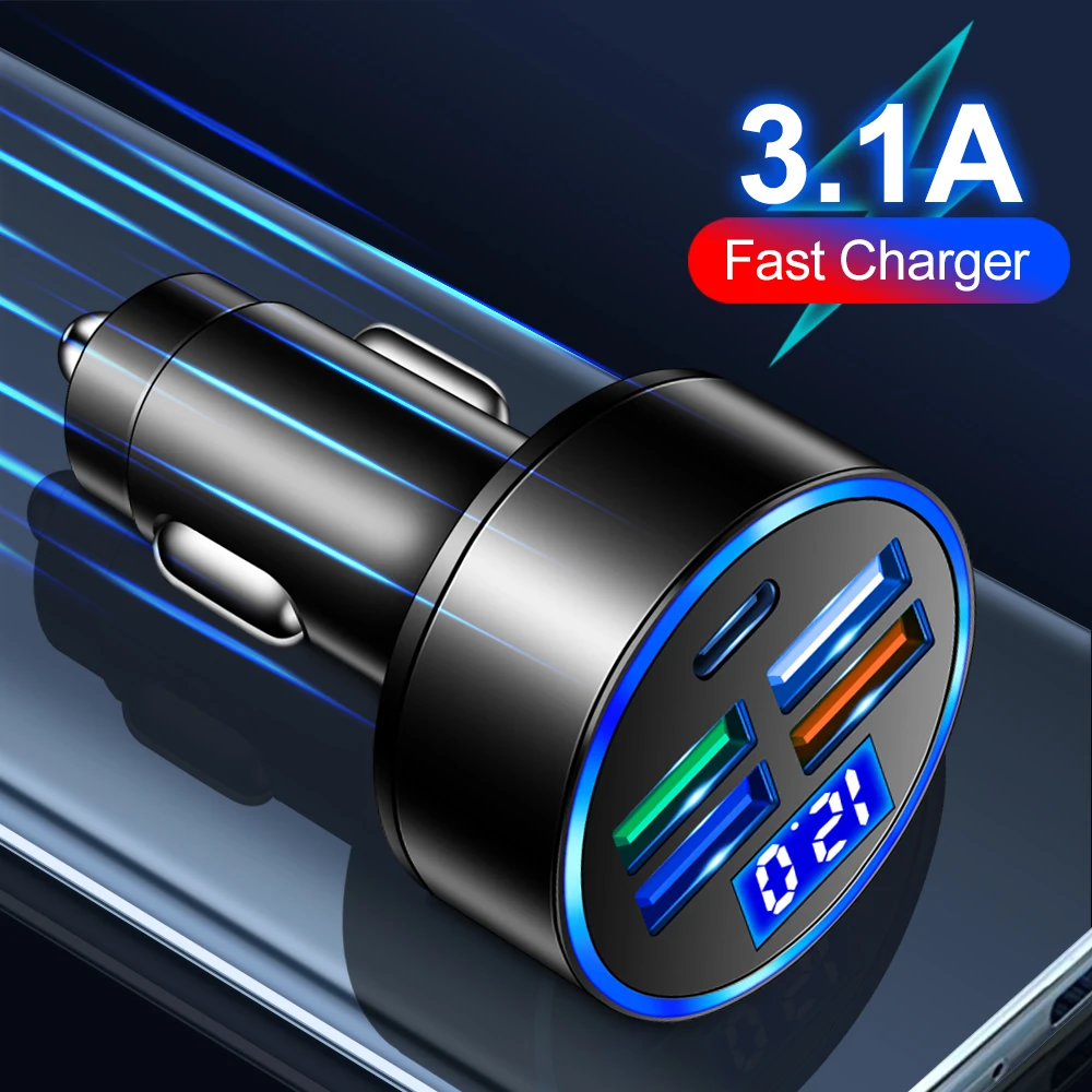 12-24V 5 Port 15.5 W USB Tip-C Araç Şarj Cihazı LED Dijital Ekran Şarj Adaptörü Görüntü 2