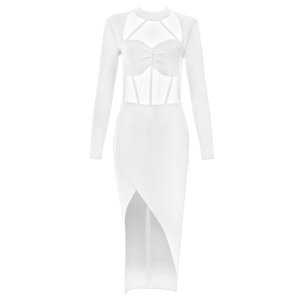 2023 Beyaz Uzun Kollu O Boyun Örgü Zarif Kadın Bandaj Elbise Seksi Patchwork Giyim Kulübü Parti Bodycon Akşam Midi Elbiseler Görüntü 2
