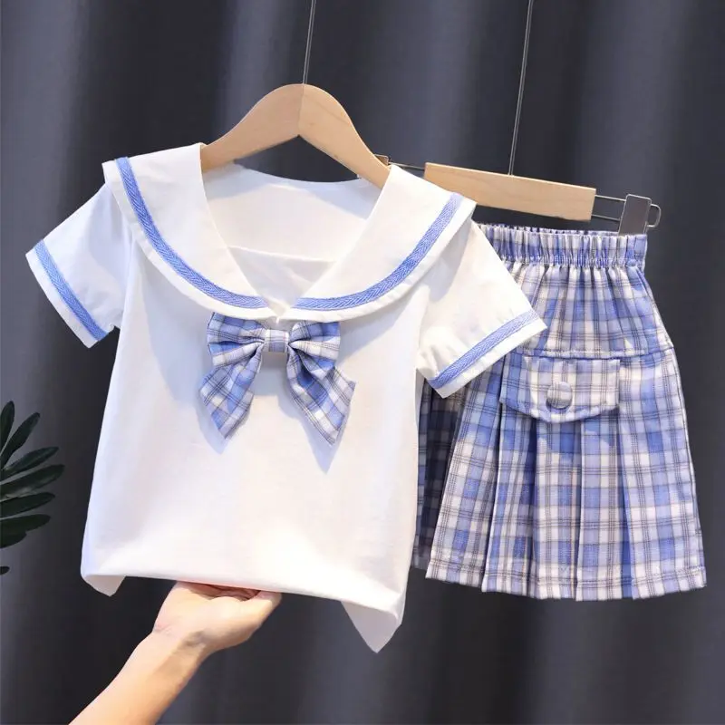 2023 Yaz Kore Seti Kız Yeni Takım Elbise 2 ADET Okul Prenses Resmi Moda Çocuk Mont Elbise Etek Uzun Gömlek Yay Pilili Elbise Görüntü 2