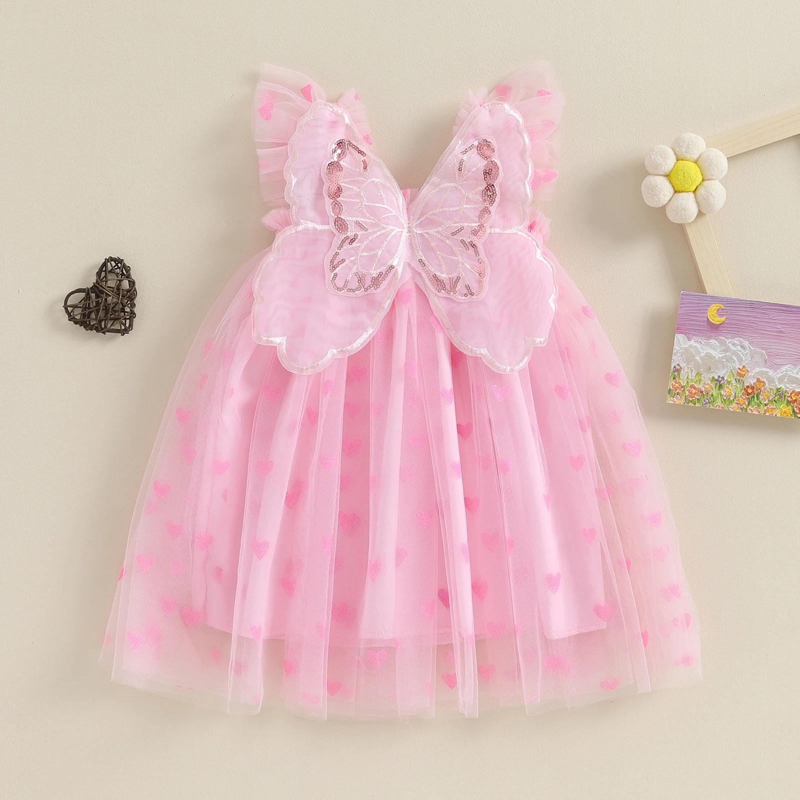 2024 0-4Y Bebek Kız Prenses Elbise Yaz Sevimli Sparkle Kalp Baskı Kolsuz Parti Tül Elbise Peri Kostüm Kanatlı Görüntü 2