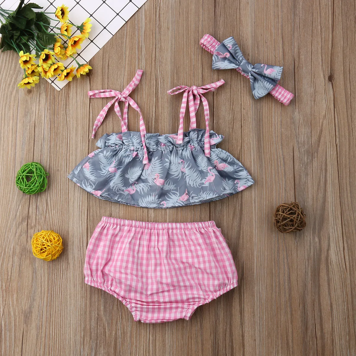 3 adet Yenidoğan Toddler Bebek Kız Mayo Bikini Setleri Flamingo Baskı Mayo Tankini Toddler Beachwear Bebek Kız Giysileri 0-24M Görüntü 2