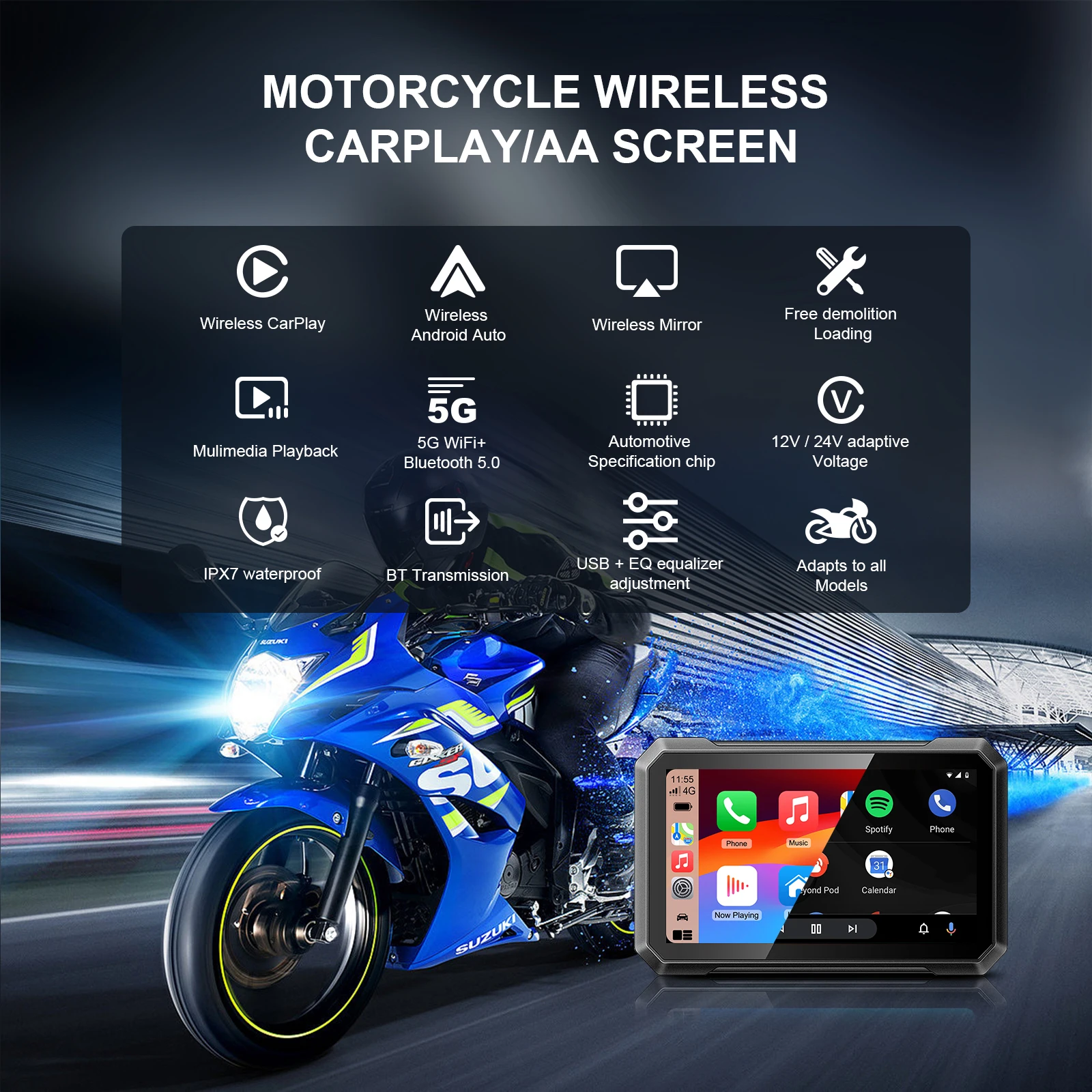 7 İnç Motosiklet GPS Navigasyon IPX67 Su Geçirmez Ekran Çift Bluetooth Kablosuz Apple Carplay ve Android Otomatik Navigator Görüntü 2