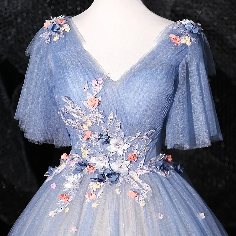 Bomaris Mavi V Yaka Quinceanera Elbiseler Masquerade Vestidos De 15 Anos Moda 3D Çiçek Prenses Resmi Doğum Günü Partisi Törenlerinde Görüntü 2