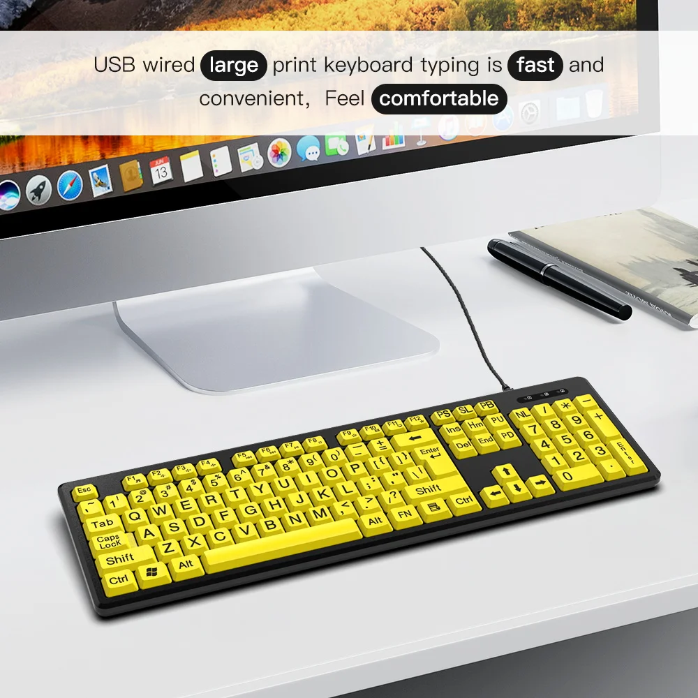 Büyük Yazı Tipi Baskı USB Kablolu Klavye 104 Tuşları Tam Boy Bilgisayar Klavye Yaşlılar için Büyük Karakter Klavye Görüntü 2