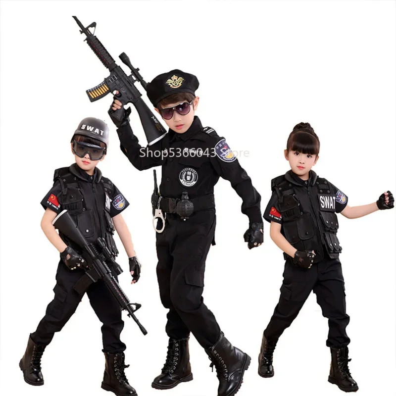 Cadılar bayramı Çocuk Polis Cosplay Kostüm Erkek Kız Çocuk Polis Üniforma Ordu Polis giyim setleri Parti Elbise Hediye Görüntü 2