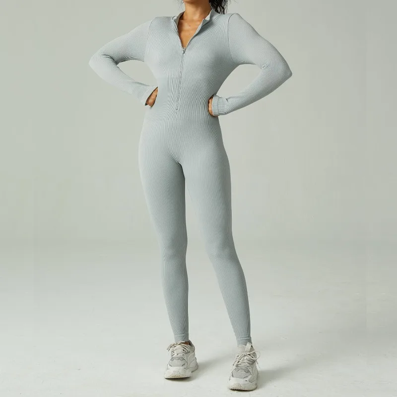 Dikişsiz Fermuar Uzun Kollu Pantolon Entegre Yoga Seti Dar Koşu Çabuk Kuruyan Egzersiz ve Fitness Takım Elbise Görüntü 2