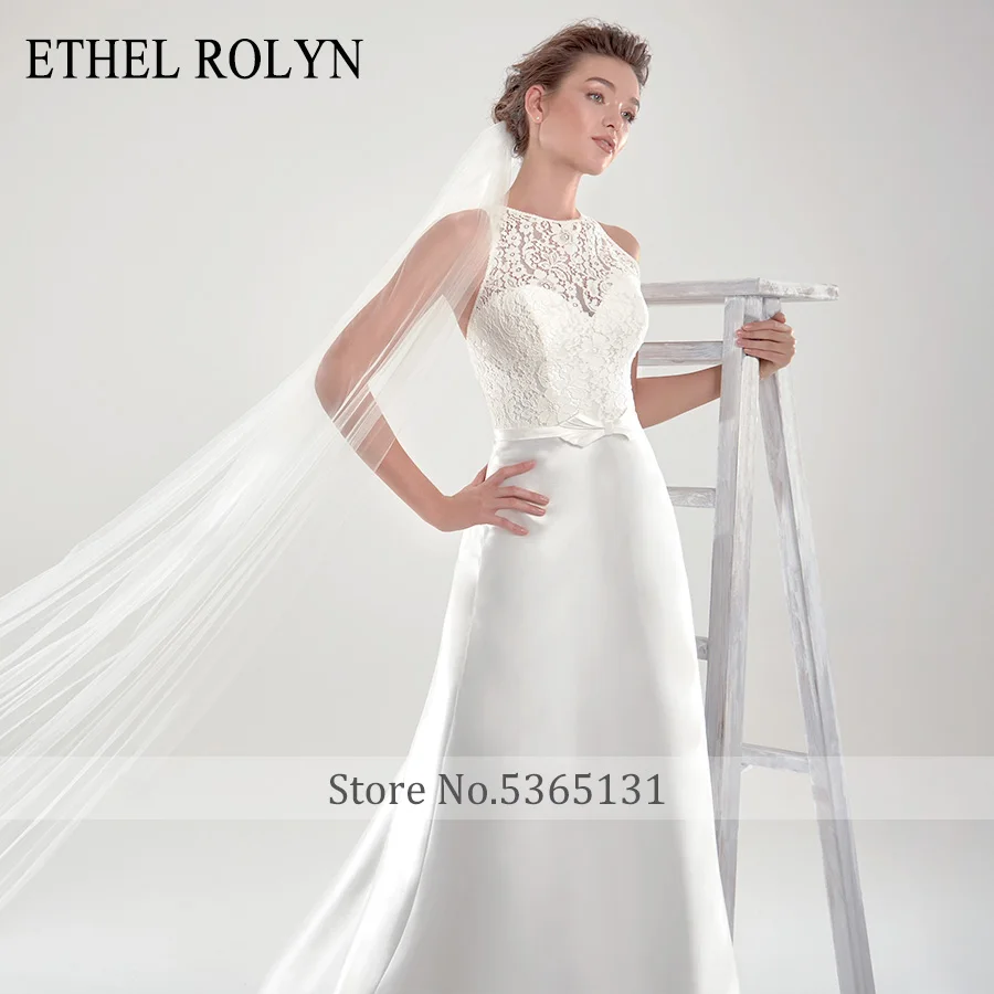 ETHEL ROLYN A-Line düğün elbisesi 2022 Zarif Saten Dantel O-boyun Backless Yay Kolsuz Vintage gelin kıyafeti Vestido De Noiva Görüntü 2