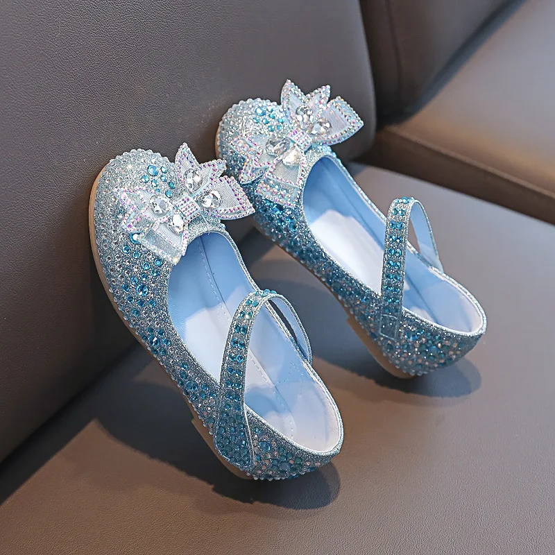 Fantezi Peri Elsa Prenses Ayakkabı fiyonk Glitter Düz Elbise Ayakkabı Kızlar Bling Cosplay Kostüm Kristal Parti Çocuk Kız Ayakkabı Görüntü 2